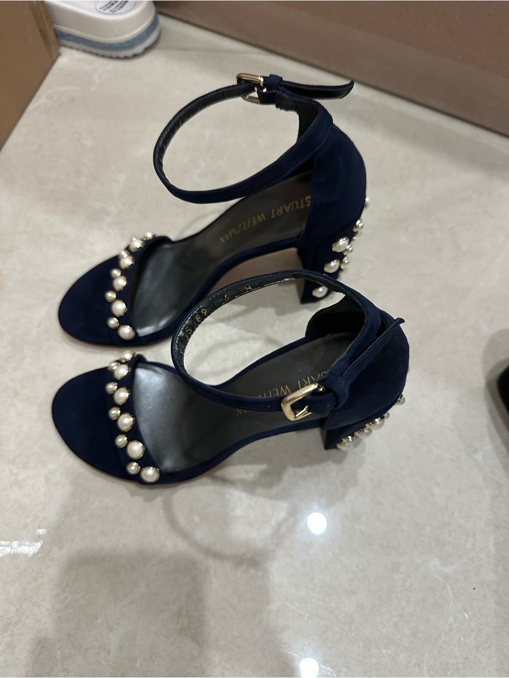 Stuart Weitzman Navy Pearl-Detail Suede Ankle-Strap Heels